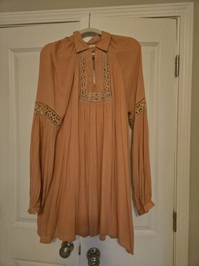 🍑Peach Long Sleeve Lace-Trim Tunic Dress🍑